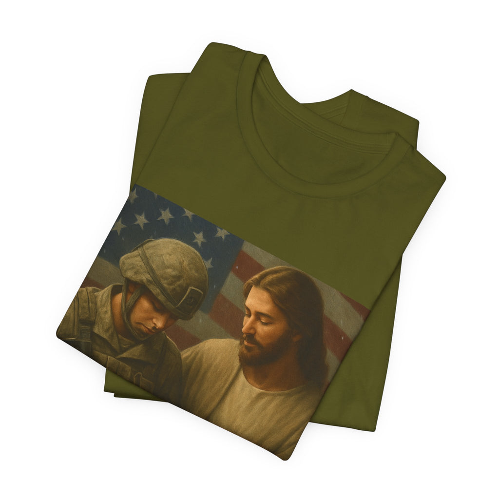 Jesus Comforting Soldier T‑Shirt — Patriot Faith Military Tribute Tee