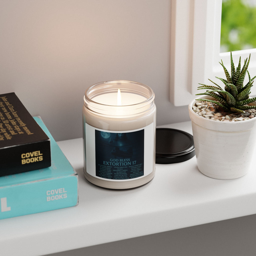 Soy Candle — 'God Bless Extortion 17' Scented 9oz Jar (Moody, Woodsmoke & Amber)