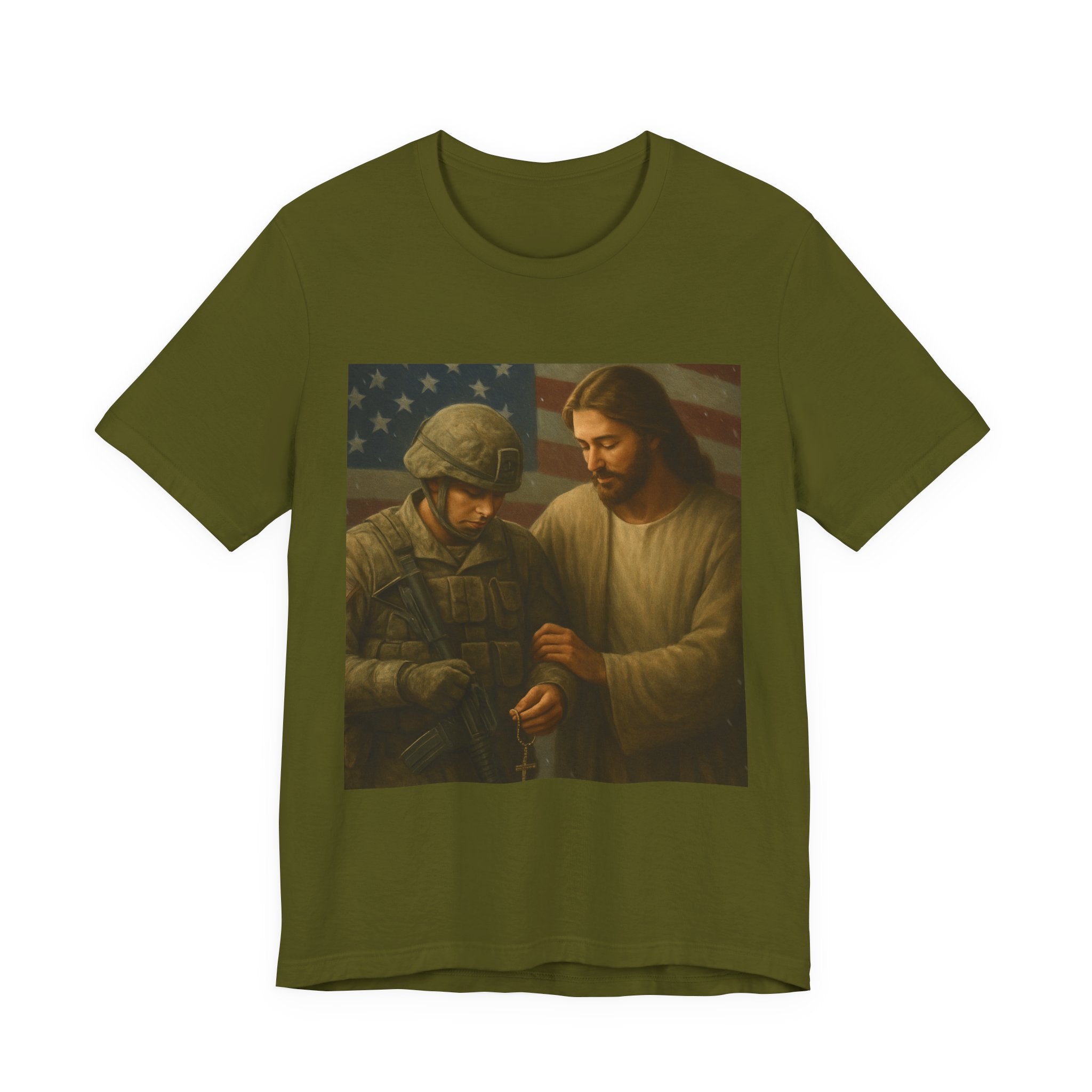 Jesus Comforting Soldier T‑Shirt — Patriot Faith Military Tribute Tee