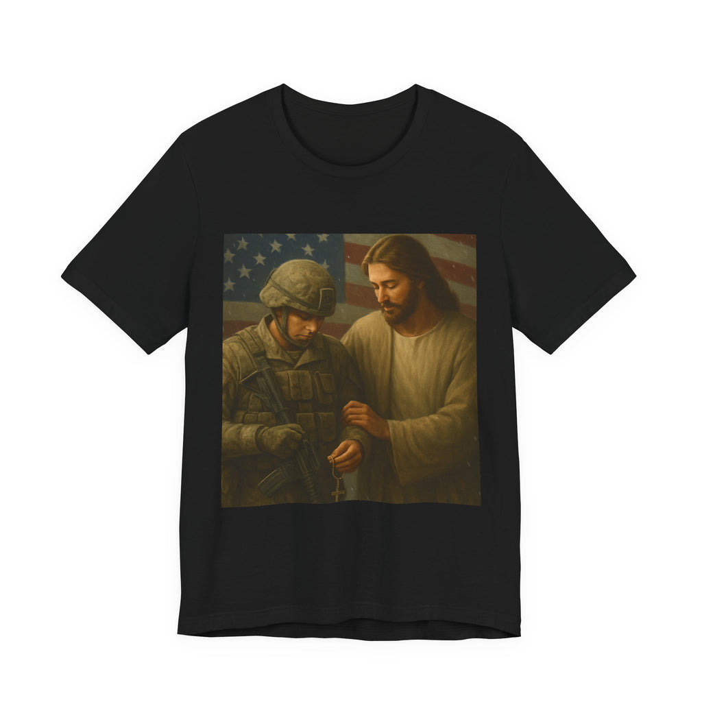 Jesus Comforting Soldier T‑Shirt — Patriot Faith Military Tribute Tee