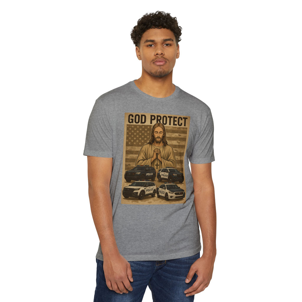 God Protect Police T-Shirt — Prayerful American Flag Law Enforcement Tee