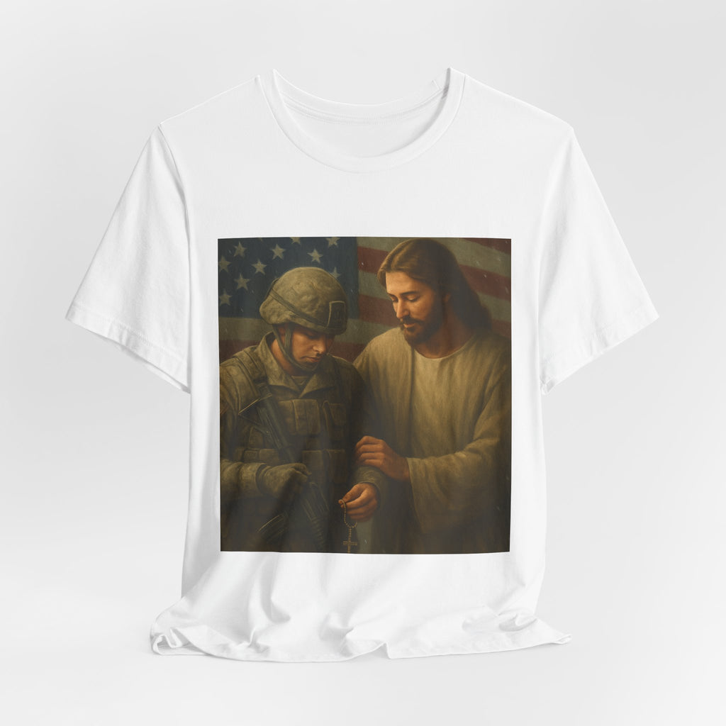 Jesus Comforting Soldier T‑Shirt — Patriot Faith Military Tribute Tee