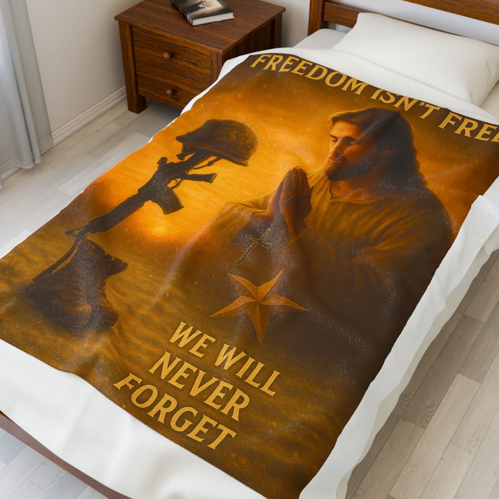 We Will Never Forget Velveteen Plush Blanket – ‘Freedom Isn’t Free’ Memorial Prayer Design