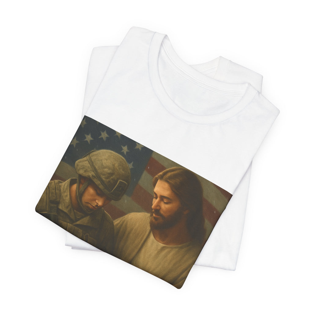 Jesus Comforting Soldier T‑Shirt — Patriot Faith Military Tribute Tee
