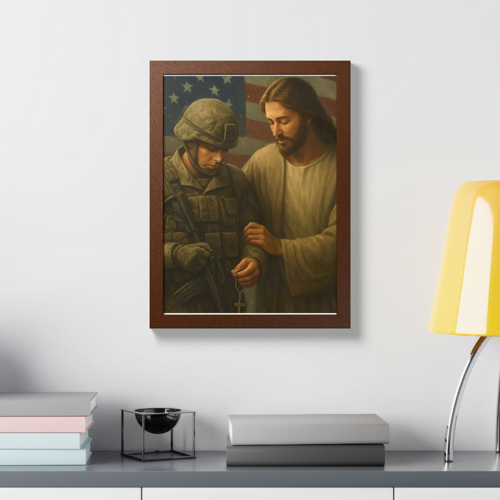 Framed Poster - Jesus Comforting Soldier with American Flag (Faith & Patriotism Wall Art)