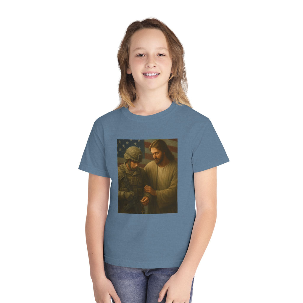 Youth Tee — Jesus Blessing Soldier | Christian Patriot Kids T-Shirt