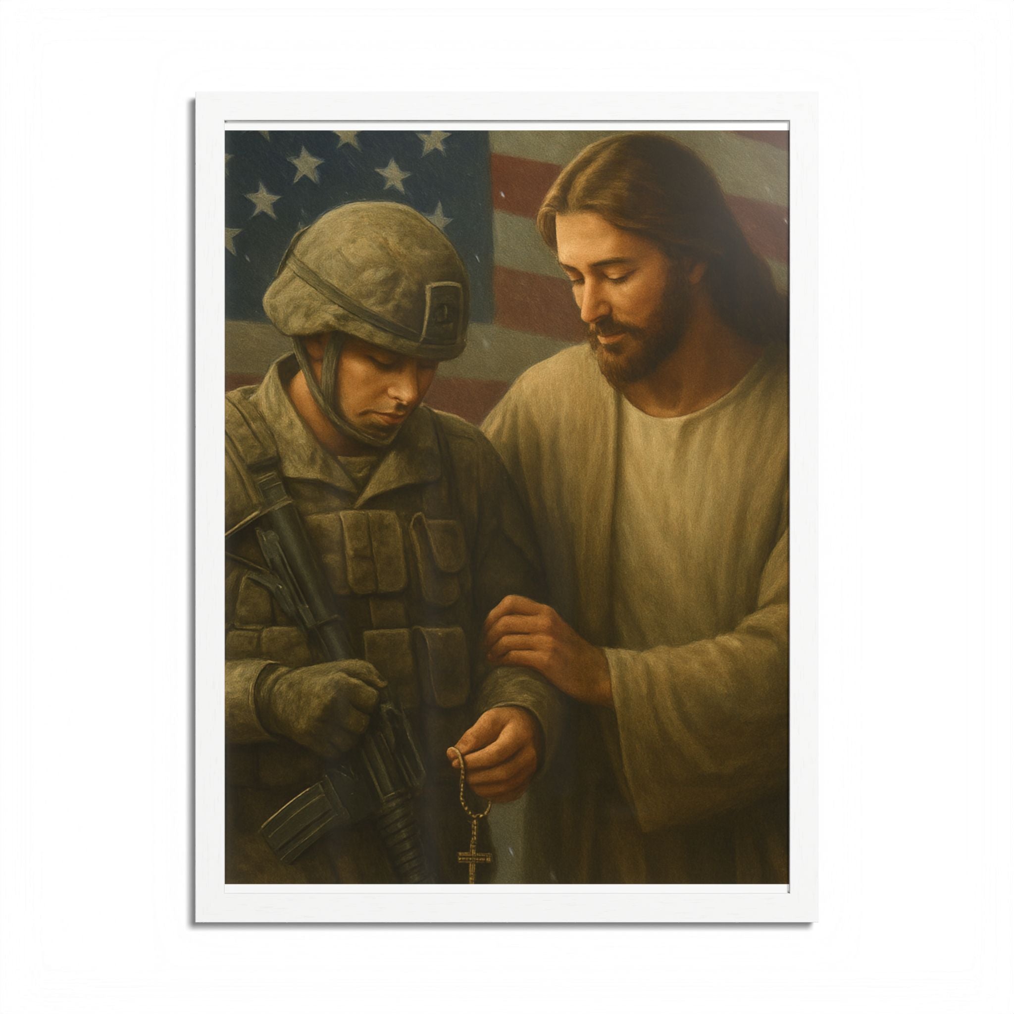 Framed Poster - Jesus Comforting Soldier with American Flag (Faith & Patriotism Wall Art)