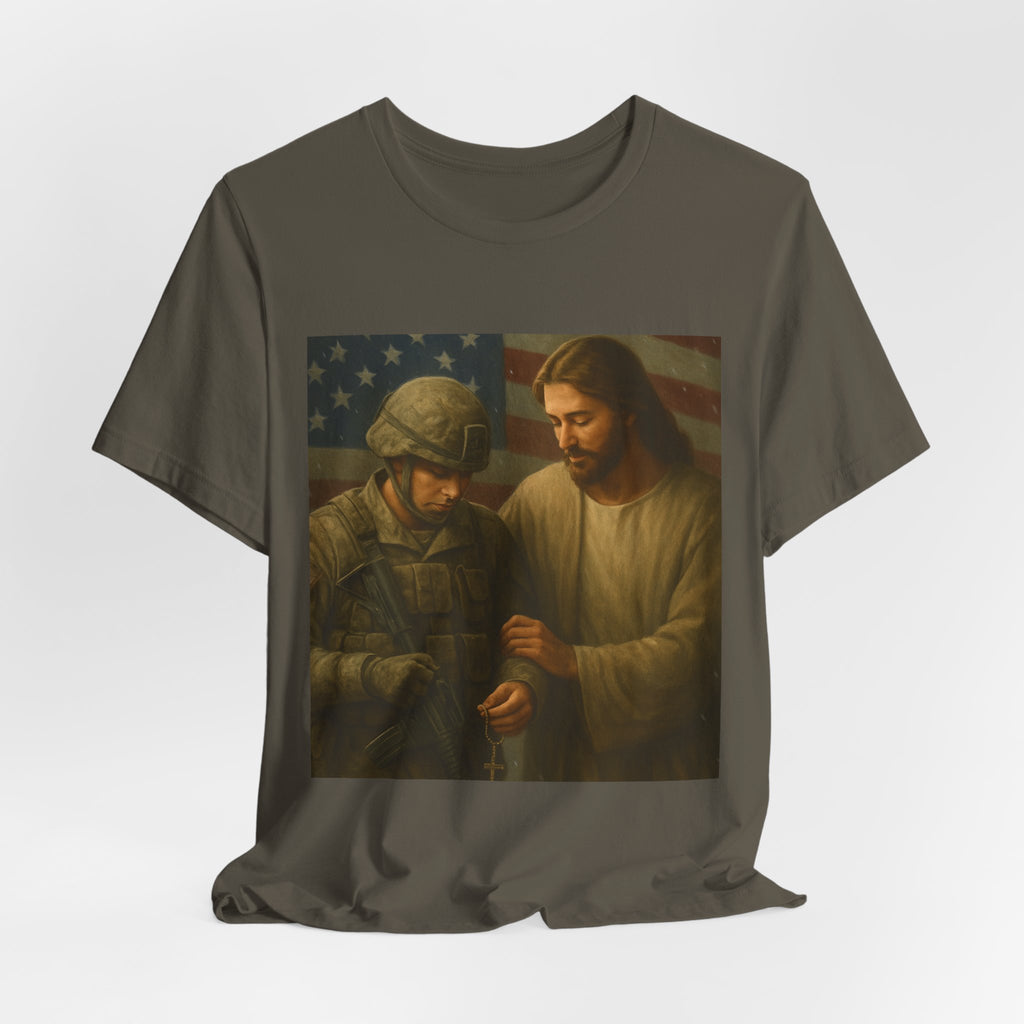Jesus Comforting Soldier T‑Shirt — Patriot Faith Military Tribute Tee