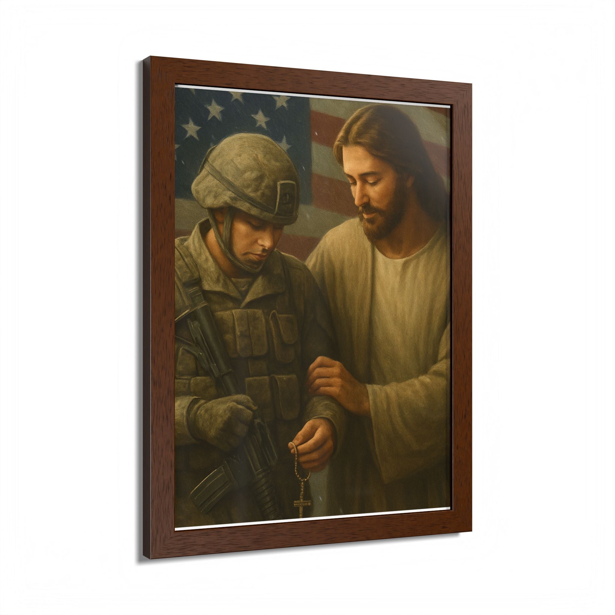 Framed Poster - Jesus Comforting Soldier with American Flag (Faith & Patriotism Wall Art)