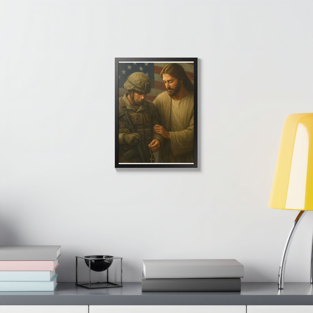 Framed Poster - Jesus Comforting Soldier with American Flag (Faith & Patriotism Wall Art)