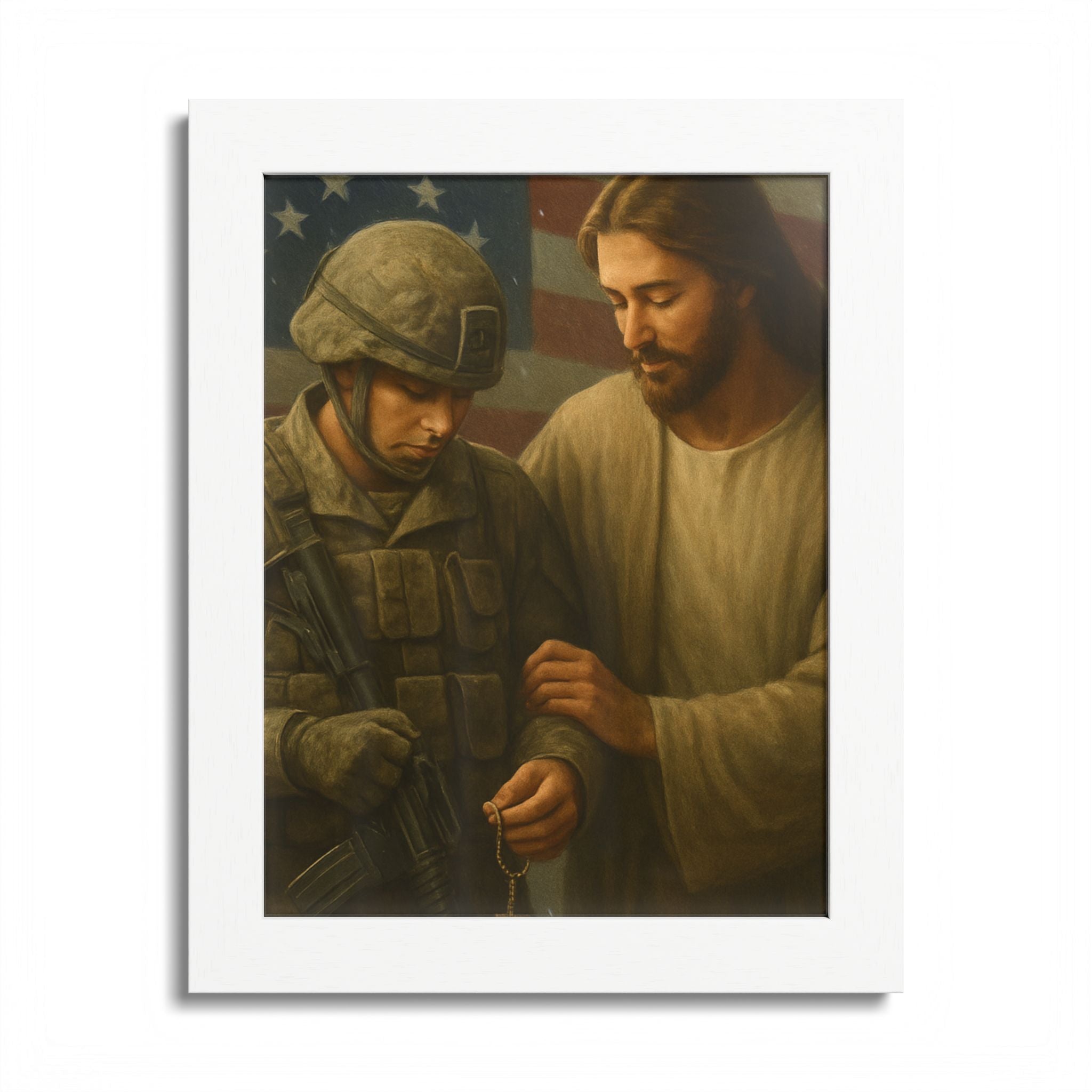 Framed Poster - Jesus Comforting Soldier with American Flag (Faith & Patriotism Wall Art)
