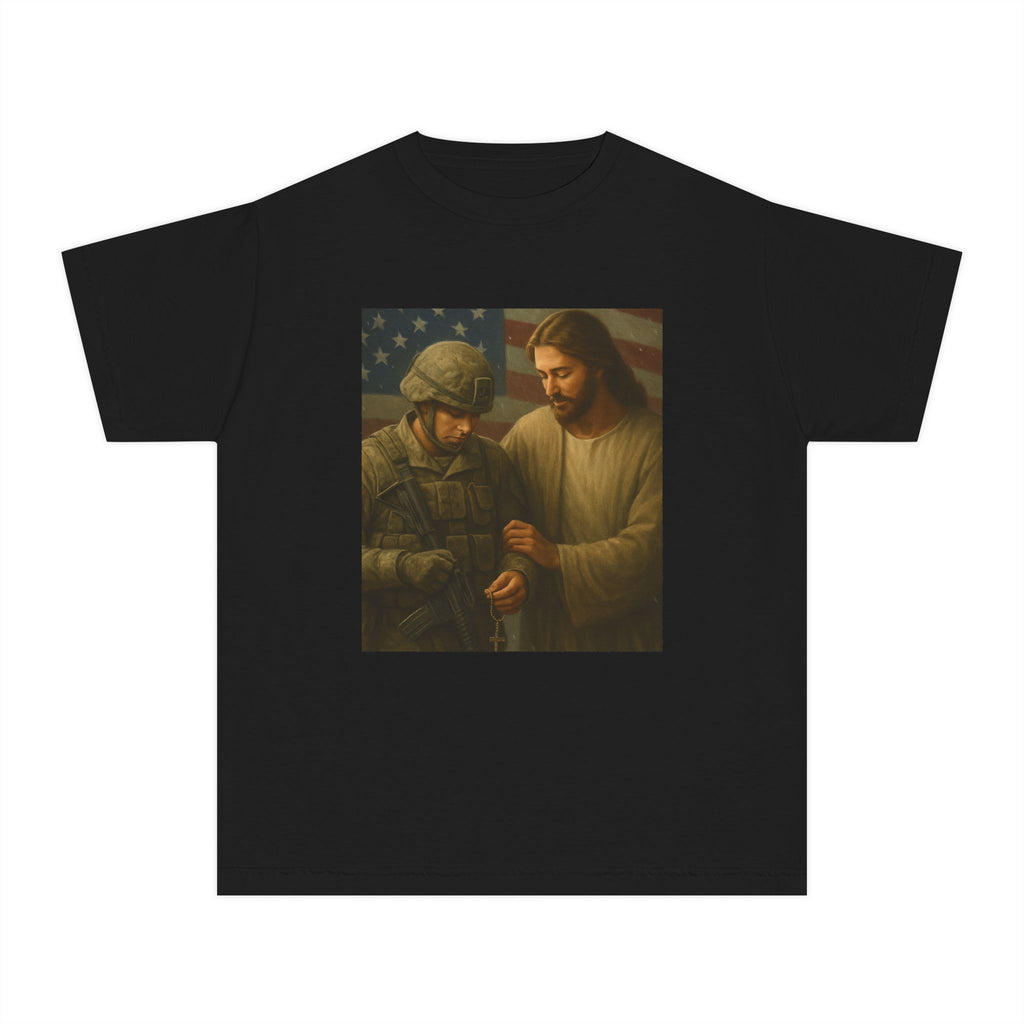 Youth Tee — Jesus Blessing Soldier | Christian Patriot Kids T-Shirt