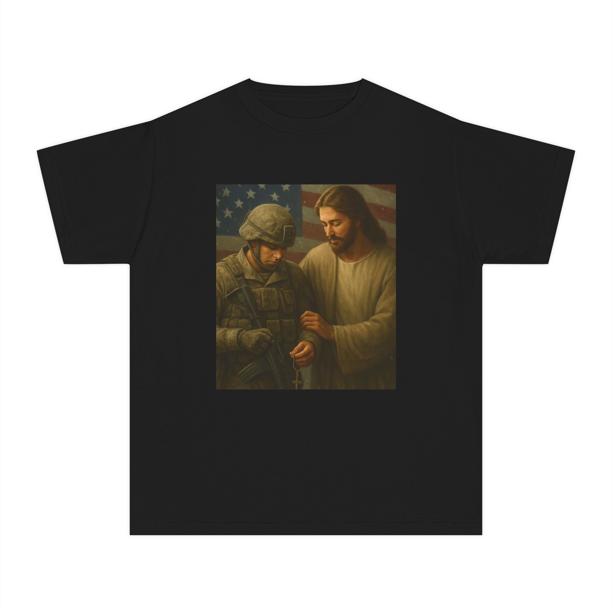 Youth Tee — Jesus Blessing Soldier | Christian Patriot Kids T-Shirt
