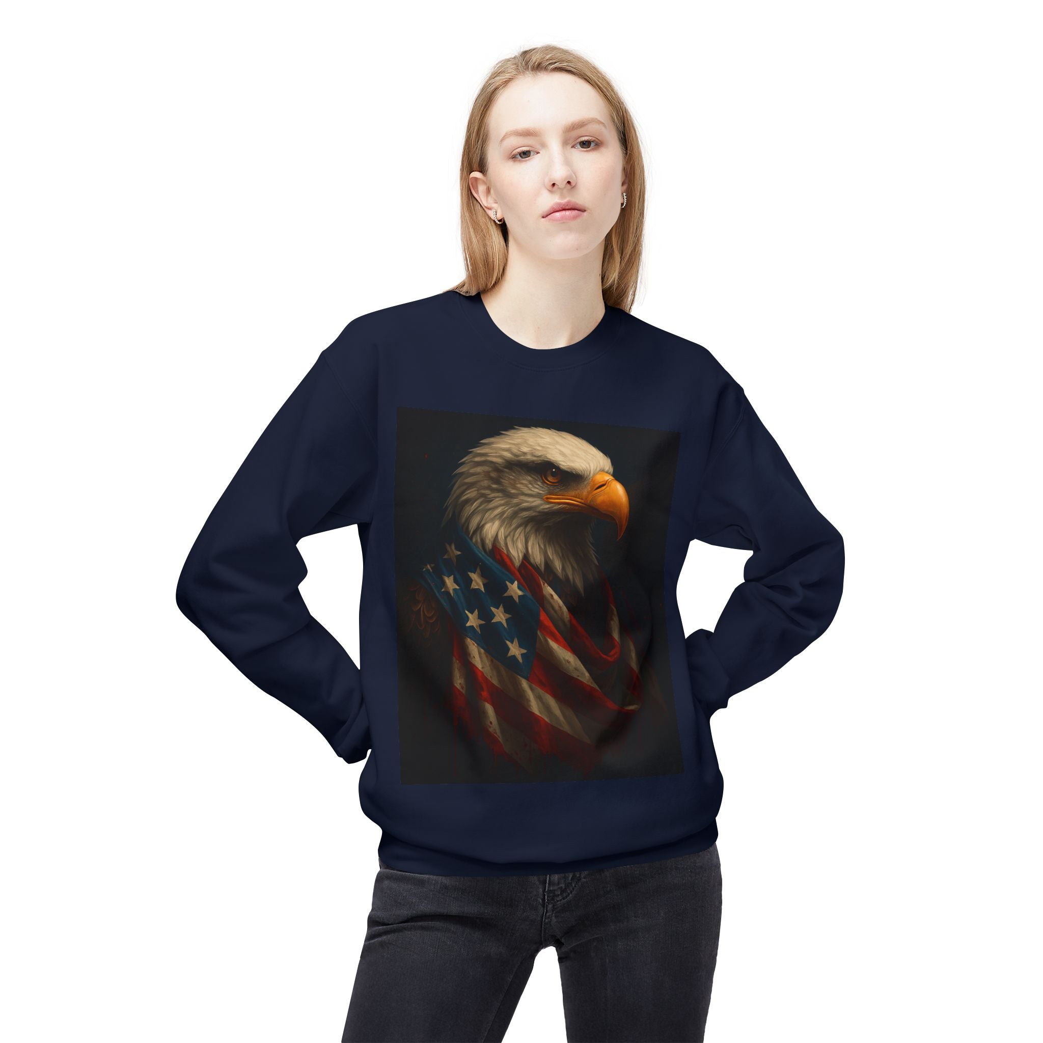 Patriotic Eagle Crewneck Sweatshirt – Bald Eagle with American Flag Design