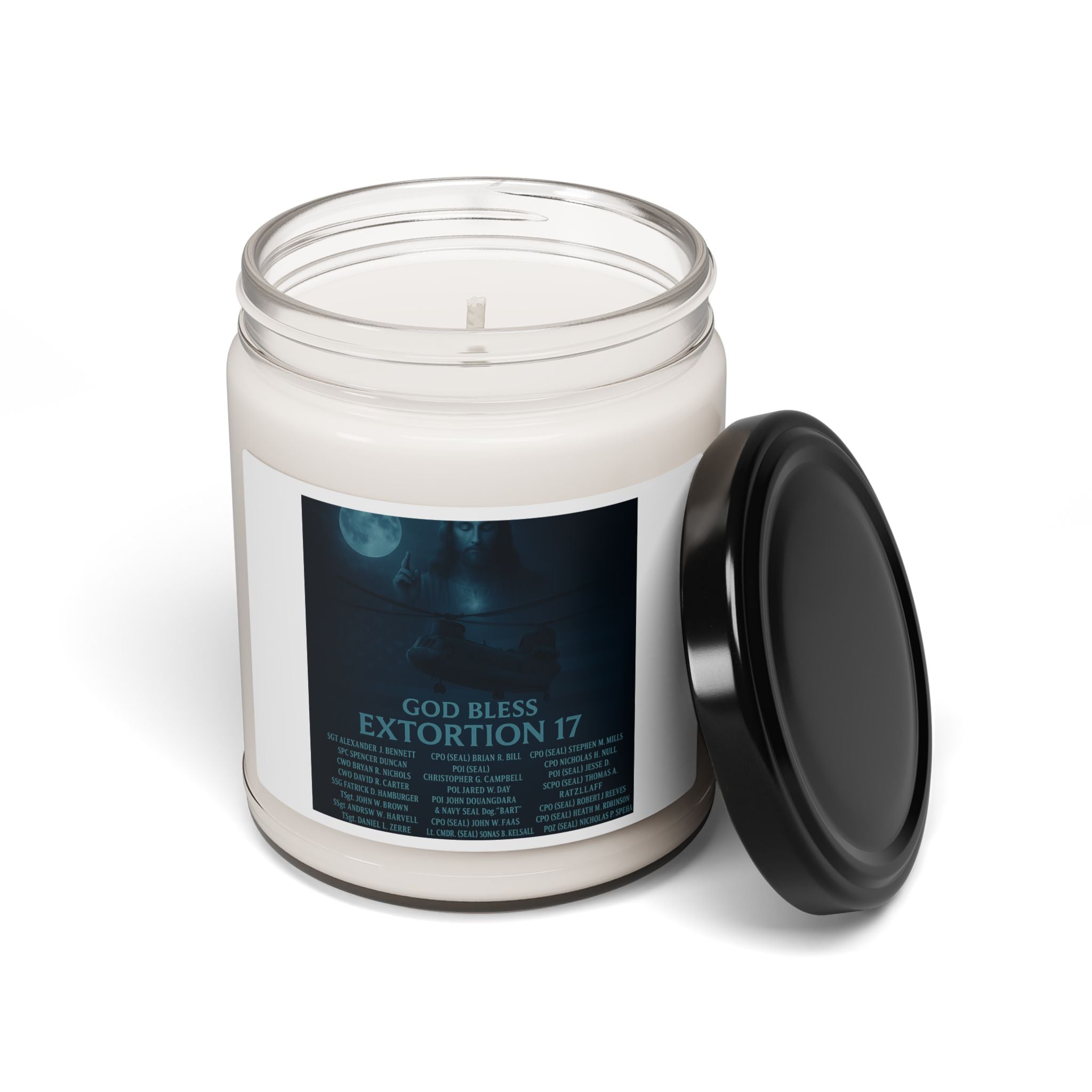 Soy Candle — 'God Bless Extortion 17' Scented 9oz Jar (Moody, Woodsmoke & Amber)