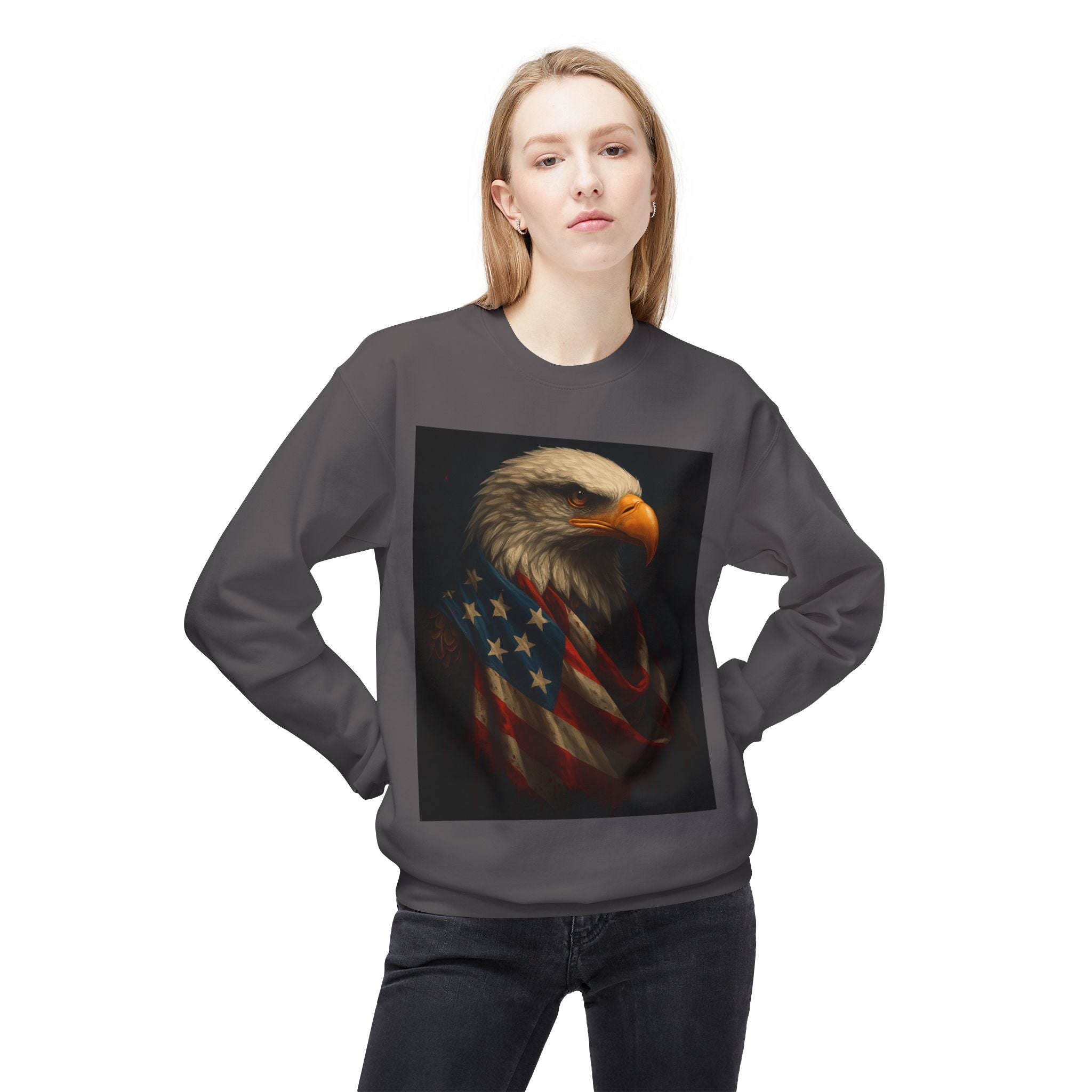 Patriotic Eagle Crewneck Sweatshirt – Bald Eagle with American Flag Design