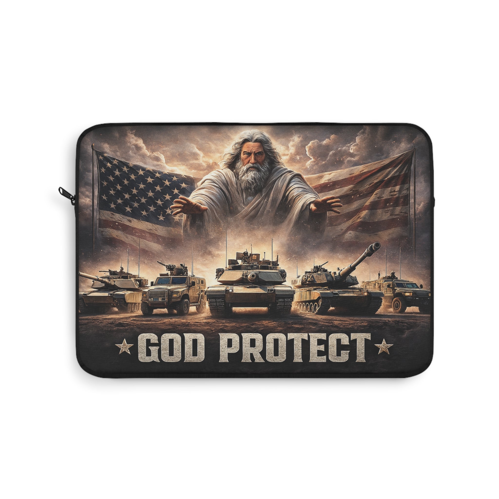 God Protect Military Laptop Sleeve — Patriotic Tanks & Guardian Figure