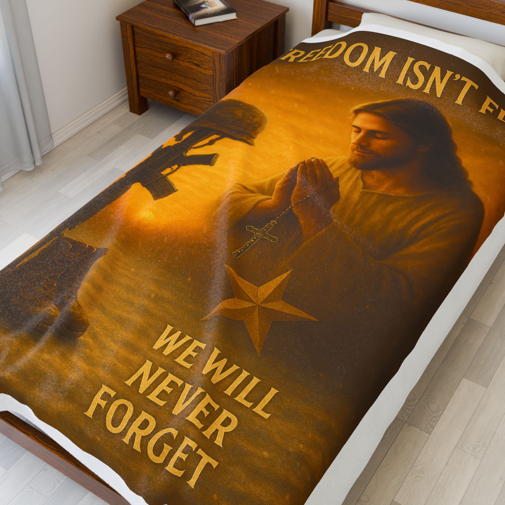 We Will Never Forget Velveteen Plush Blanket – ‘Freedom Isn’t Free’ Memorial Prayer Design