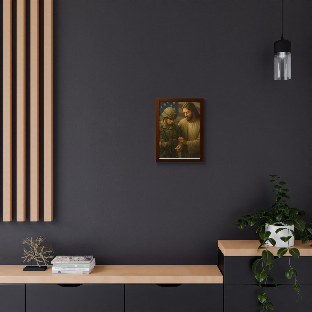 Framed Poster - Jesus Comforting Soldier with American Flag (Faith & Patriotism Wall Art)