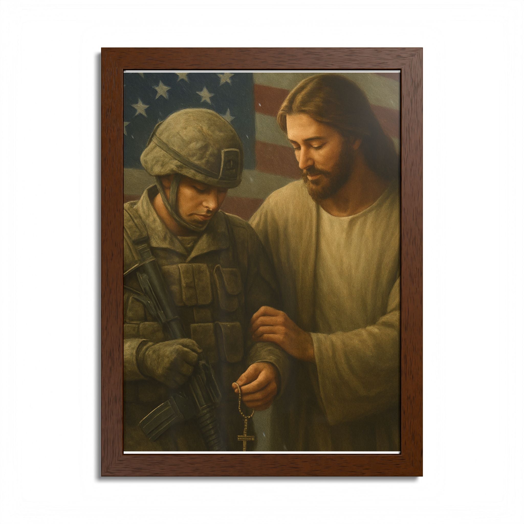 Framed Poster - Jesus Comforting Soldier with American Flag (Faith & Patriotism Wall Art)