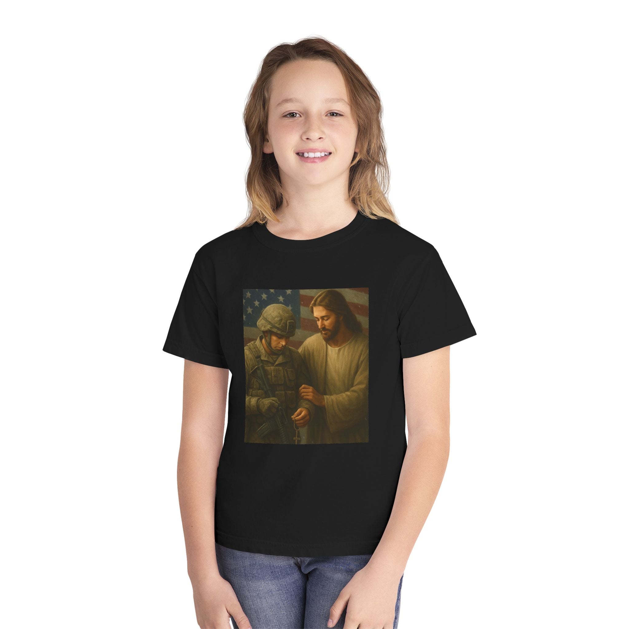 Youth Tee — Jesus Blessing Soldier | Christian Patriot Kids T-Shirt