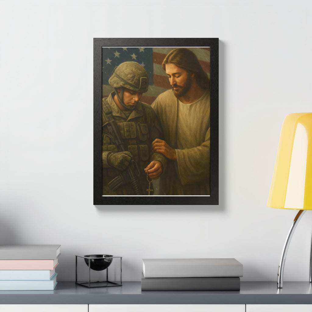 Framed Poster - Jesus Comforting Soldier with American Flag (Faith & Patriotism Wall Art)