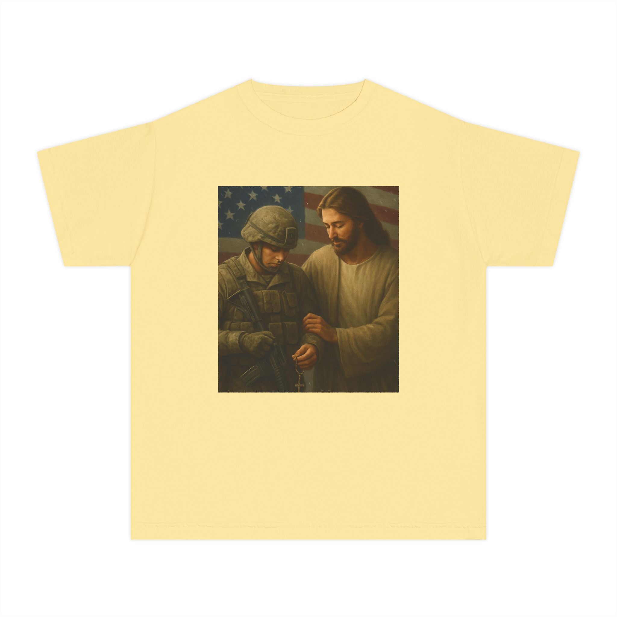Youth Tee — Jesus Blessing Soldier | Christian Patriot Kids T-Shirt