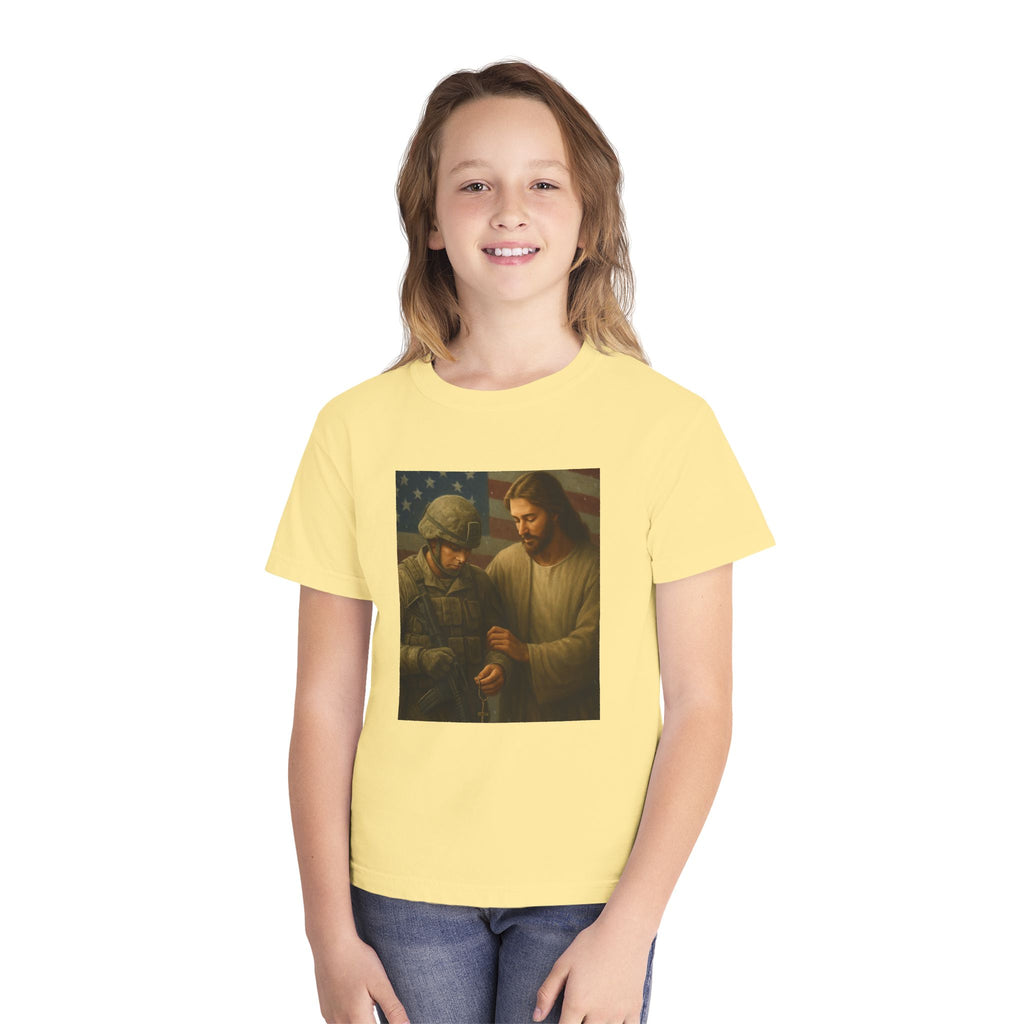 Youth Tee — Jesus Blessing Soldier | Christian Patriot Kids T-Shirt