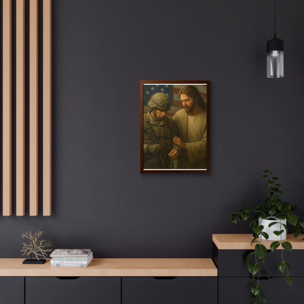 Framed Poster - Jesus Comforting Soldier with American Flag (Faith & Patriotism Wall Art)