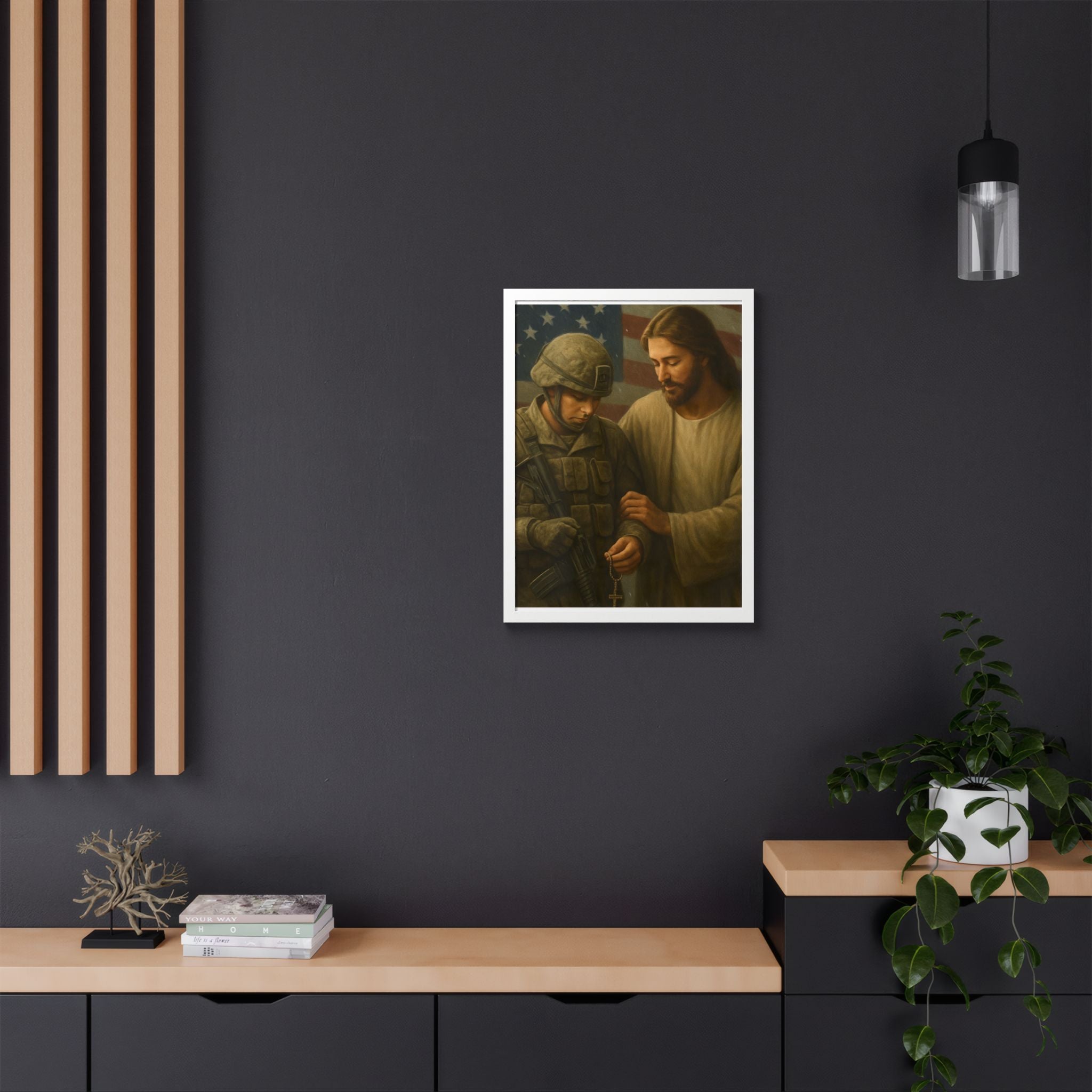Framed Poster - Jesus Comforting Soldier with American Flag (Faith & Patriotism Wall Art)