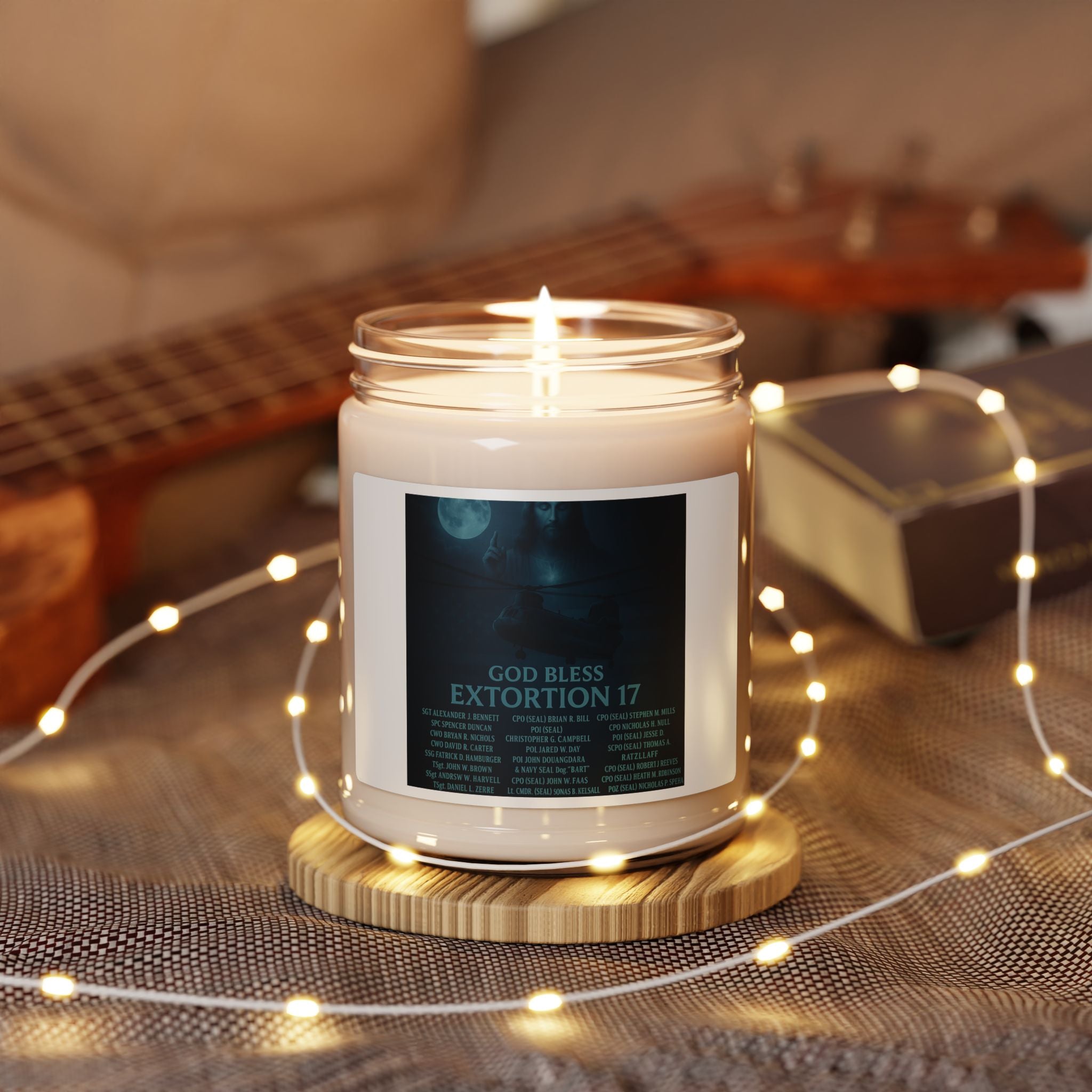 Soy Candle — 'God Bless Extortion 17' Scented 9oz Jar (Moody, Woodsmoke & Amber)