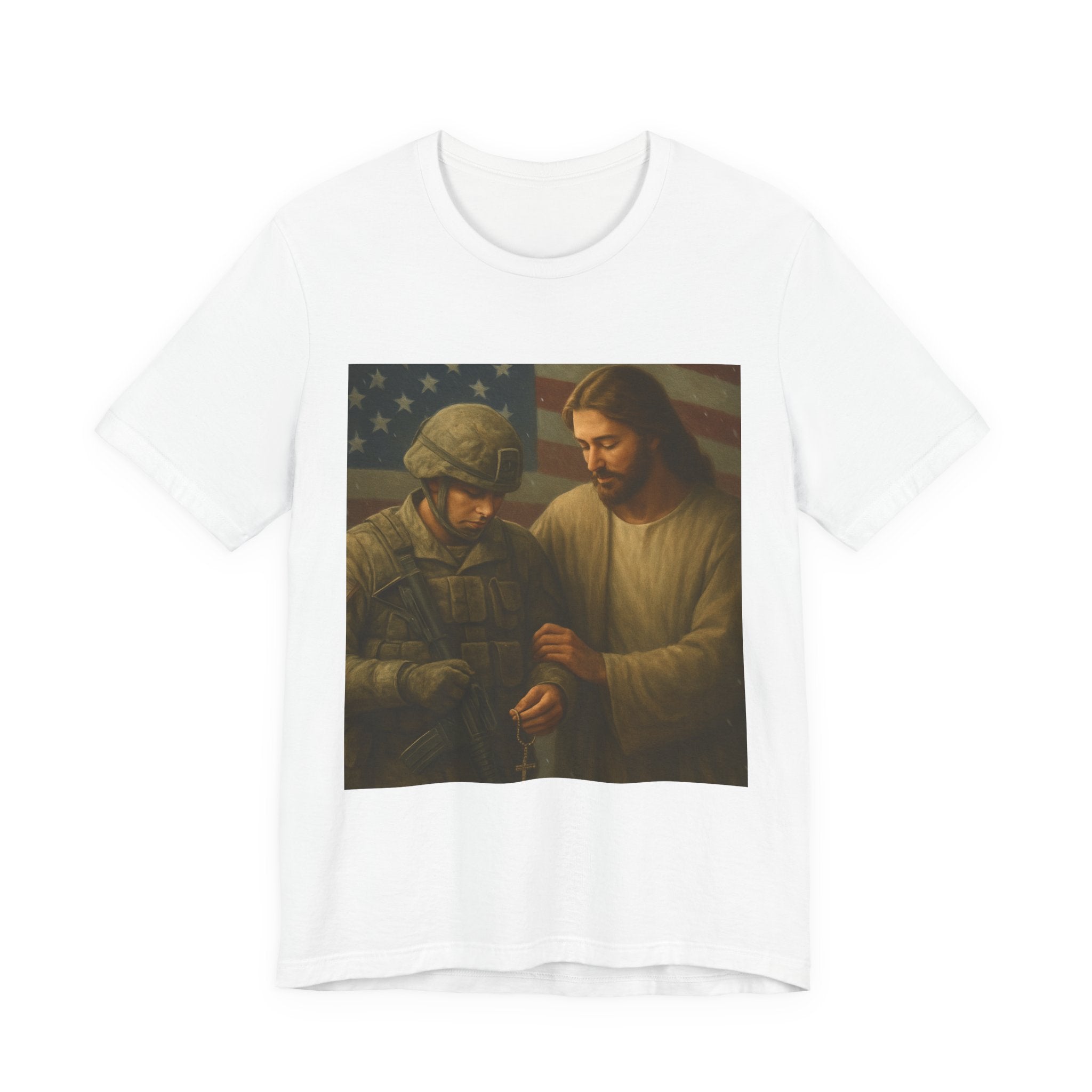 Jesus Comforting Soldier T‑Shirt — Patriot Faith Military Tribute Tee