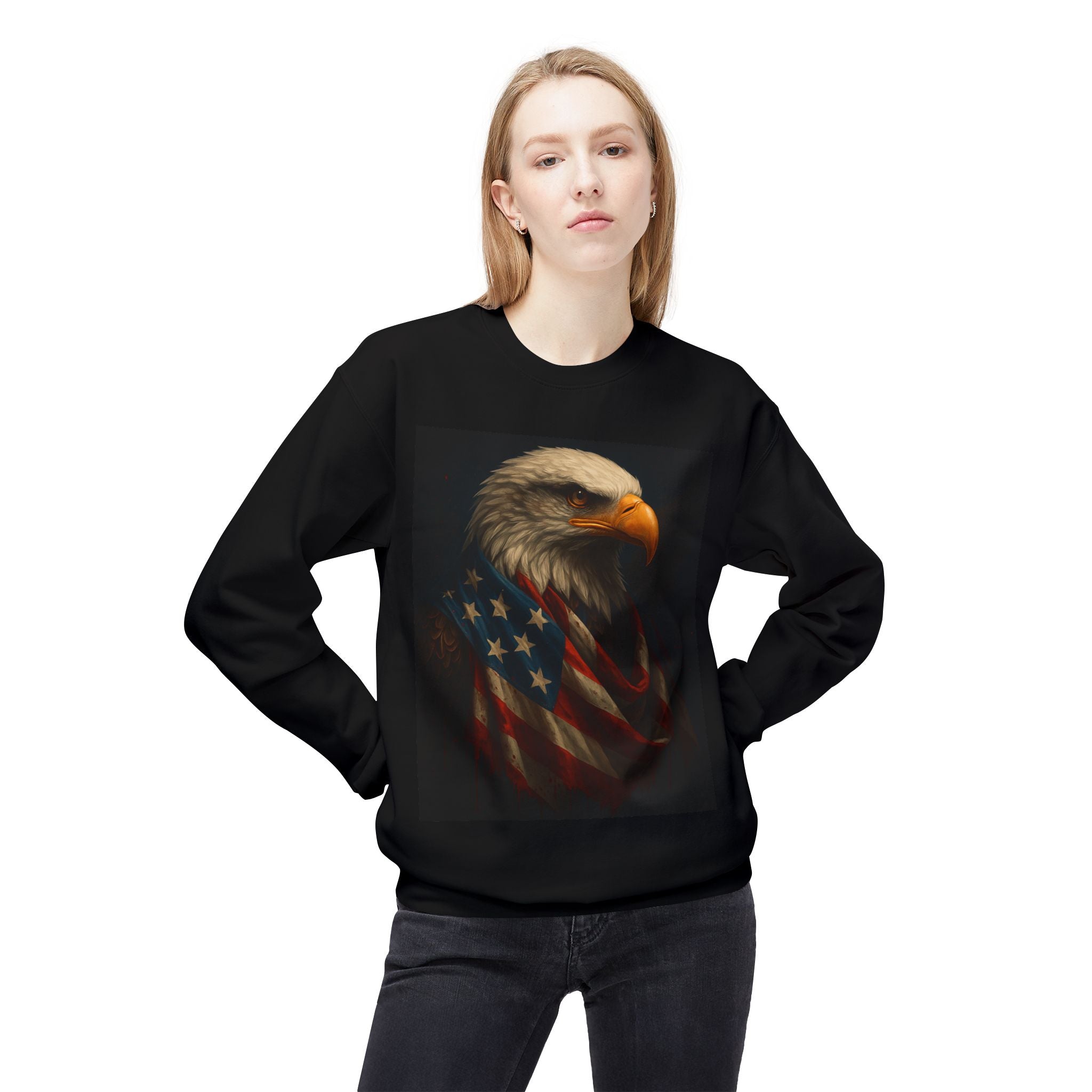 Patriotic Eagle Crewneck Sweatshirt – Bald Eagle with American Flag Design