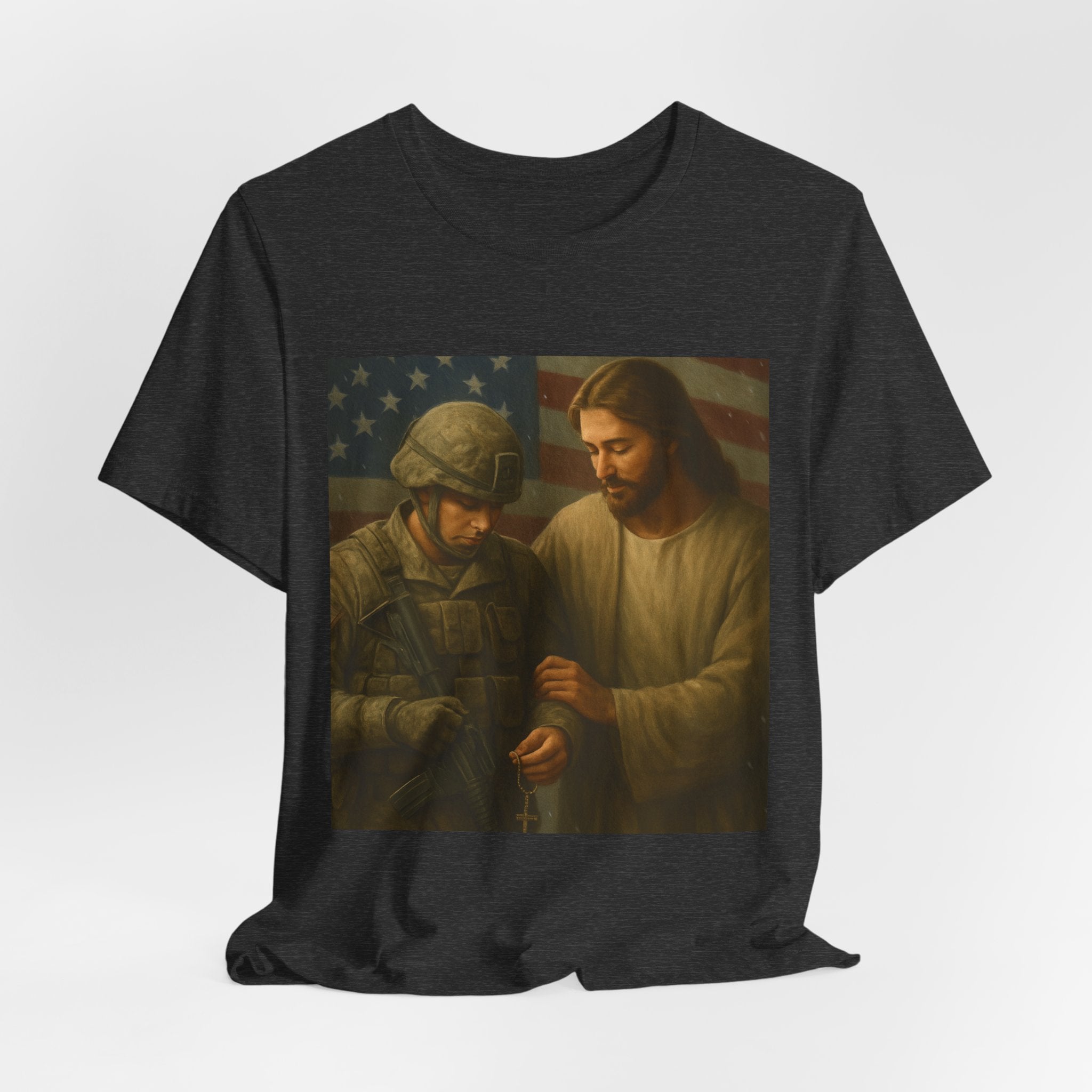 Jesus Comforting Soldier T‑Shirt — Patriot Faith Military Tribute Tee