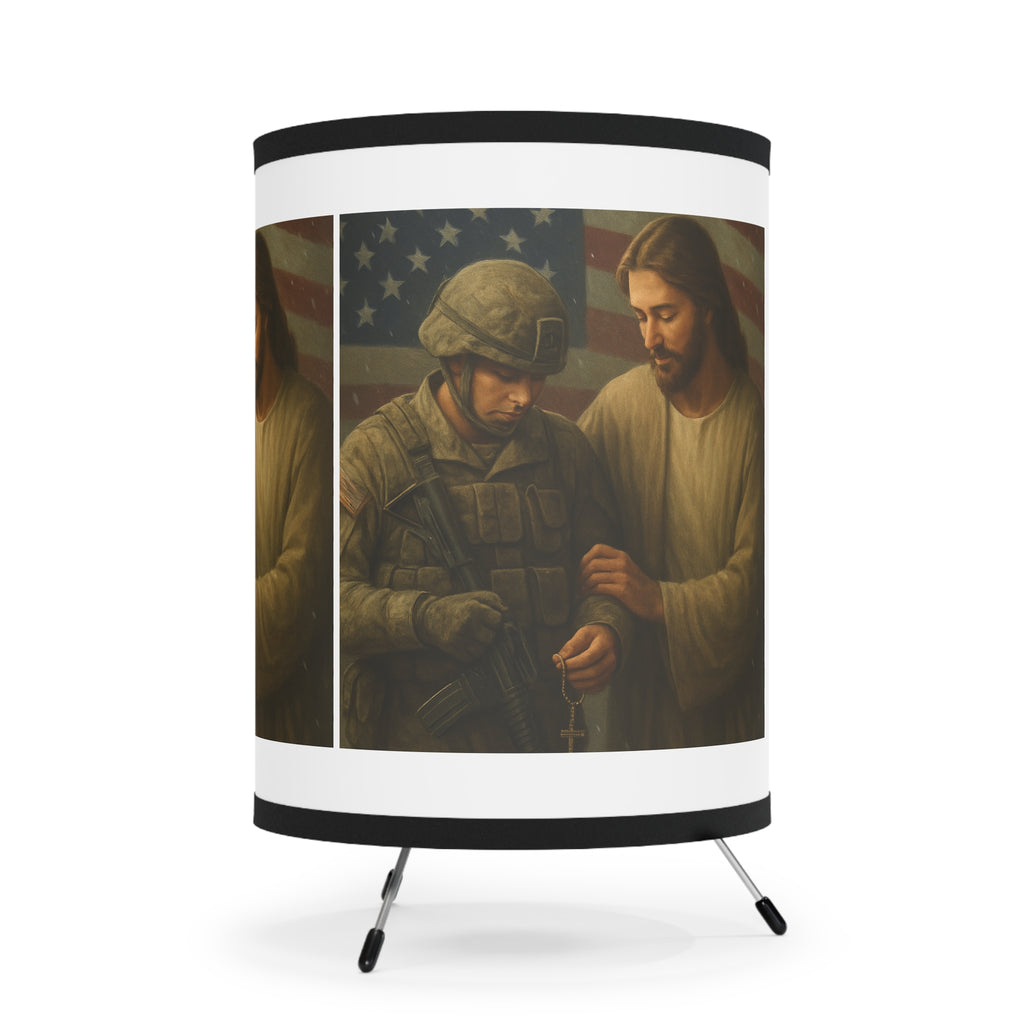 Patriotic Jesus & Soldier Tripod Lamp — Faith-Based Military Table Lamp