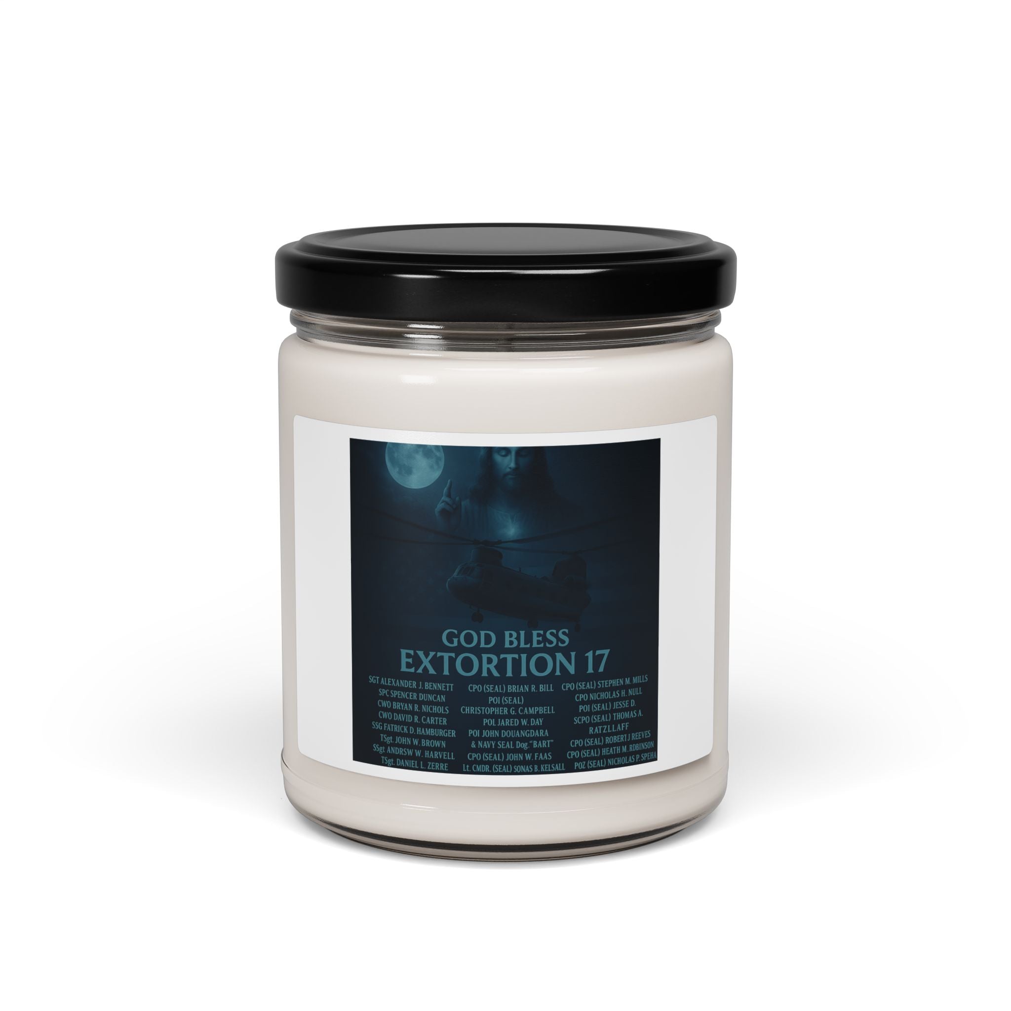 Soy Candle — 'God Bless Extortion 17' Scented 9oz Jar (Moody, Woodsmoke & Amber)