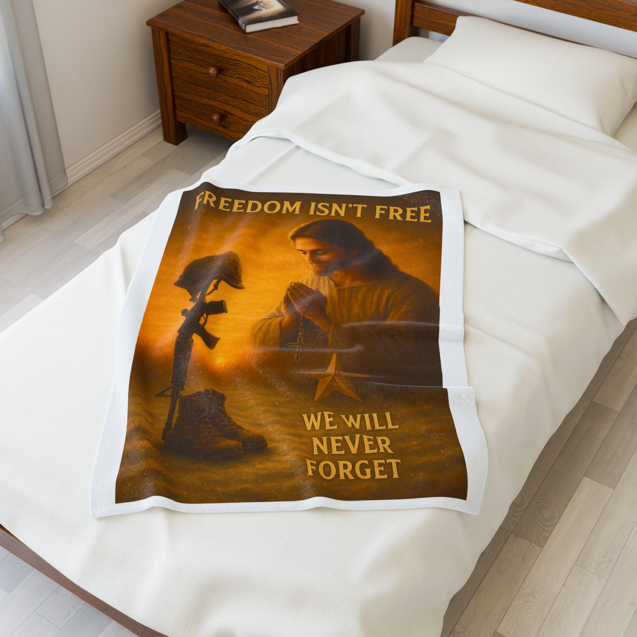 We Will Never Forget Velveteen Plush Blanket – ‘Freedom Isn’t Free’ Memorial Prayer Design