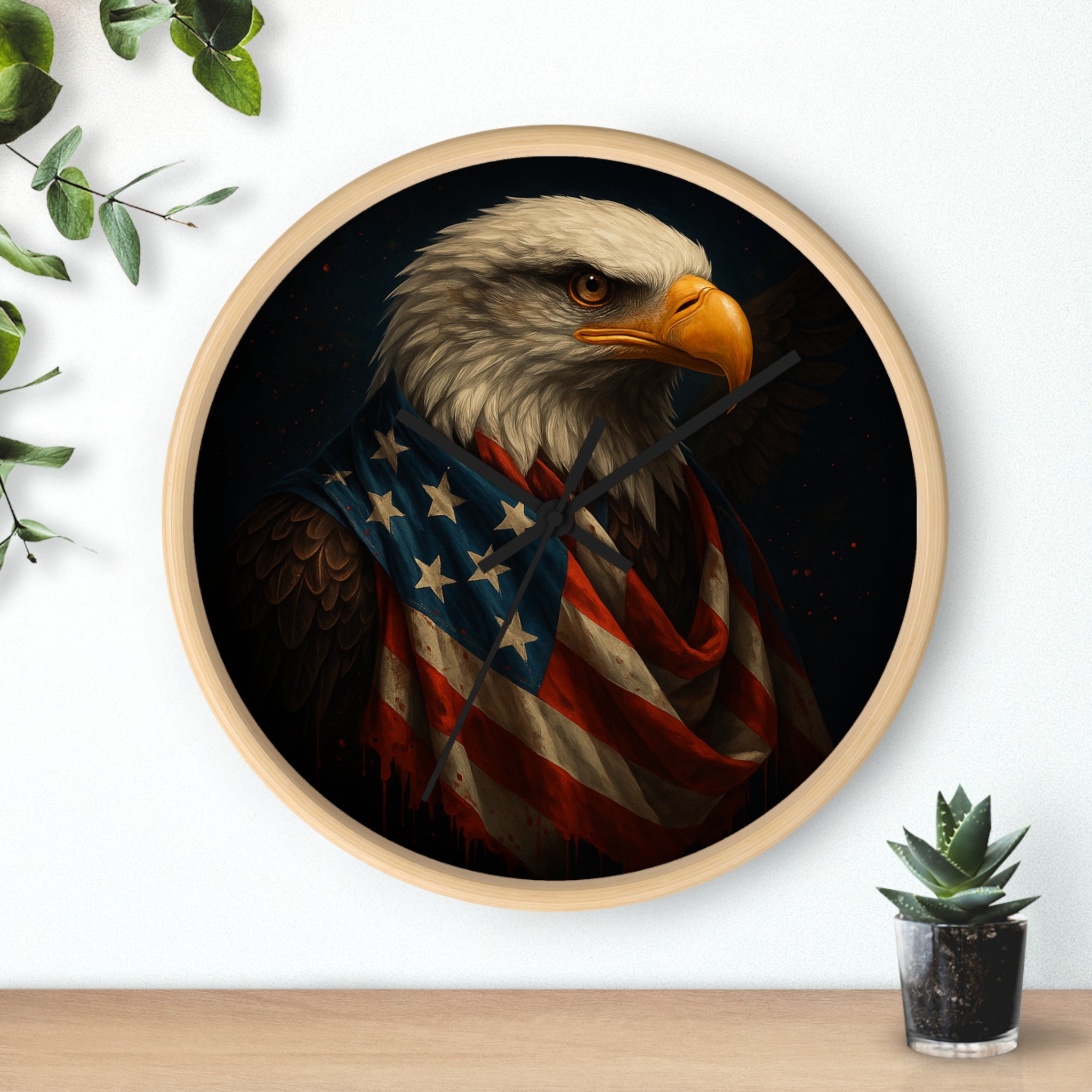 Patriotic Bald Eagle Wall Clock — American Flag Portrait
