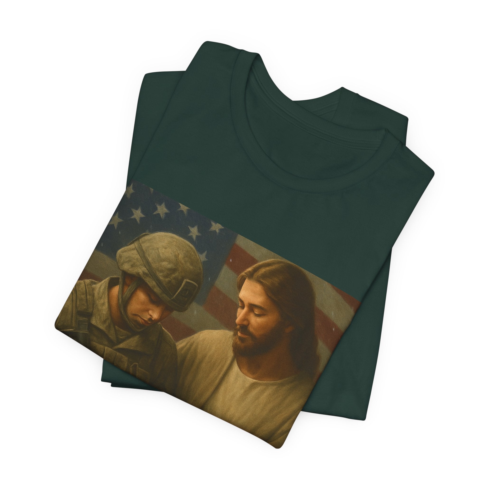 Jesus Comforting Soldier T‑Shirt — Patriot Faith Military Tribute Tee